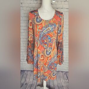 MSK Vibrant Orange Paisley Shift Bell Sleeve Dress M